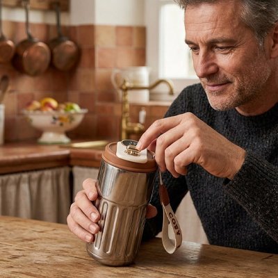 Homme qui utilise le Mug isotherme 