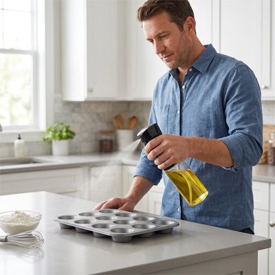 Homme qui utilise le vaporisateur huile sur une plaque à muffins