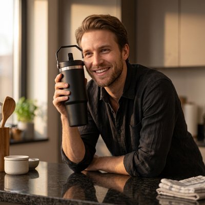 Homme qui utilise son Mug isotherme noir