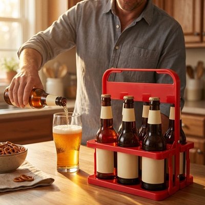Homme qui se vide une bouteille de bière dans un verre avec le casier bouteille rouge à côté
