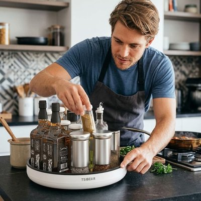 Homme qui utilise des produits sur le plateau tournant​ pendant la cuisson de son repas