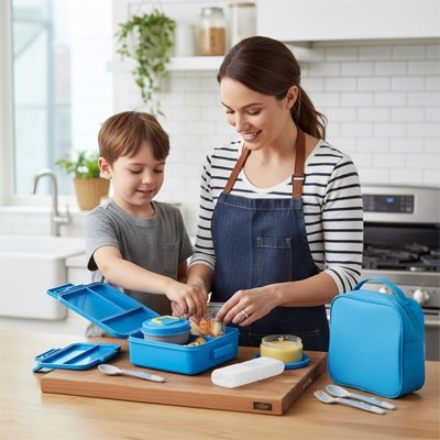 La mère et son enfant prépare le repas dans le Lunch box enfant 