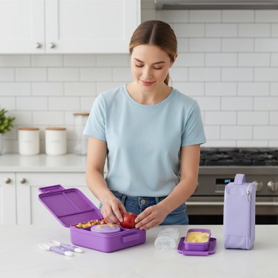 La mère prépare le déjeuner dans le lunch box enfant