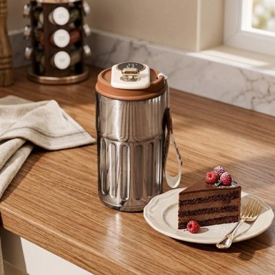 Mug isotherme sur une table avec une assiette de gâteaux