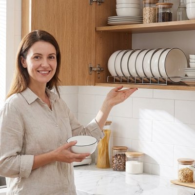 Organisateur cuisine rempli de bols dans placard