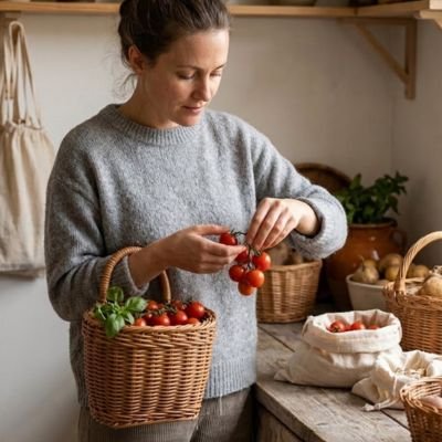 Panier de rangement en osier avec tomates