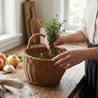 Panier de rangement en osier petit format avec herbes