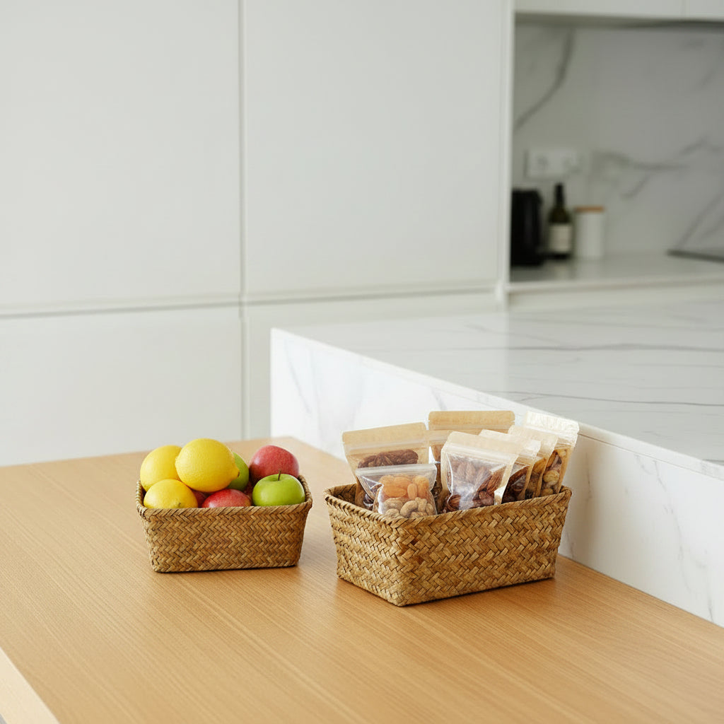 Paniers de rangement avec fruits et des sachets de noix