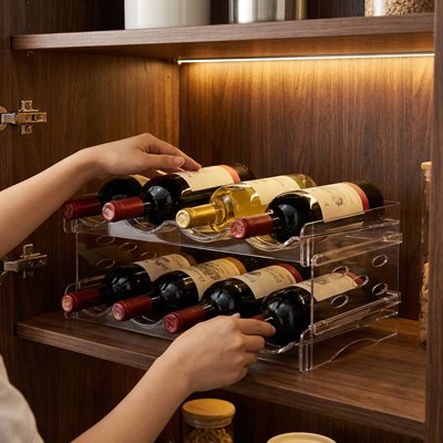 Personne qui place des bouteilles dans le porte bouteilles 