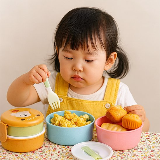 Petite fille qui mange dans le lunch box enfant bleu et rose