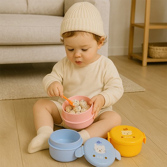 Petite fille qui mange et joue avec ses lunchs box enfant 