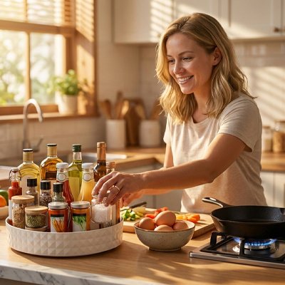 Plateau tournant avec condiments et pots d'épices
