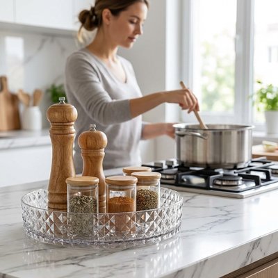 Plateau tournant transparent sur le comptoir de la cuisine