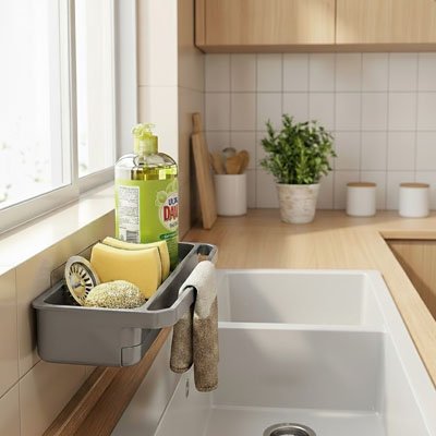 Porte éponge pour évier avec éponges et produits