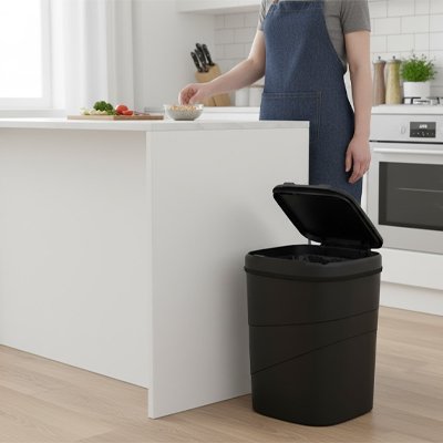 Poubelle de cuisine noire ouverte