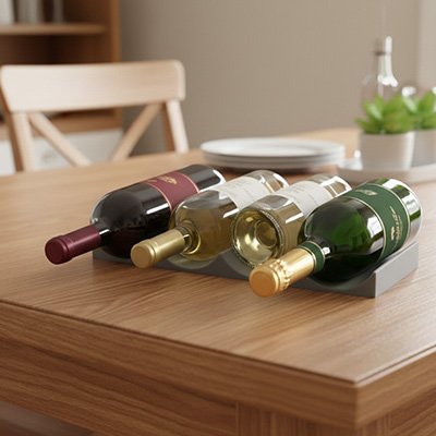 Quatre bouteilles de vin dans le porte bouteille gris