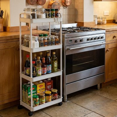 Rangement des condiments dans la desserte a roulettes 