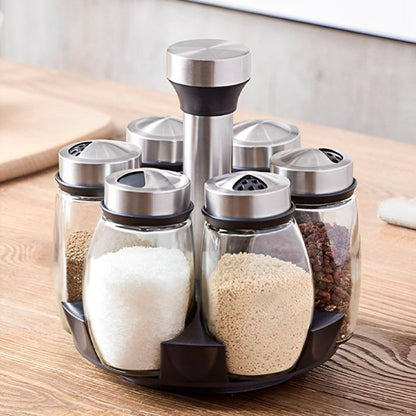Rangement epices avec six pots remplis d'épices 