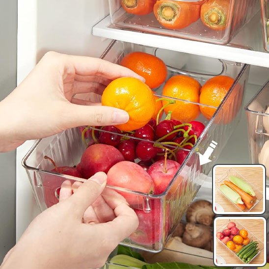 Rangement frigo avec fruits dans chaque compartiment