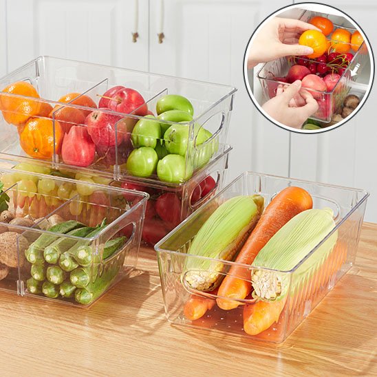 Rangement frigo avec légumes et fruits dans chaque compartiment