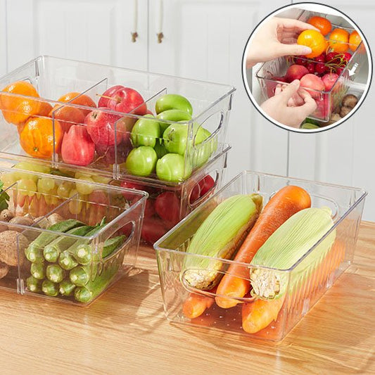 Rangement frigo avec légumes et fruits dans chaque compartiment