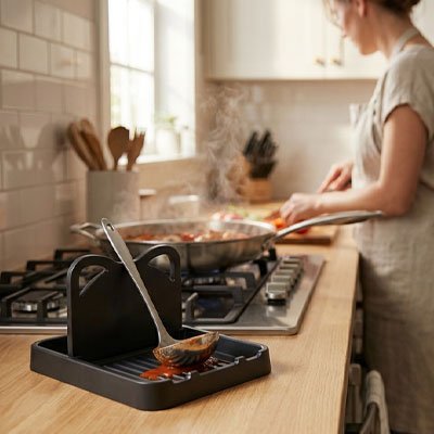 Repose cuillère noir avec une femme qui cuisine
